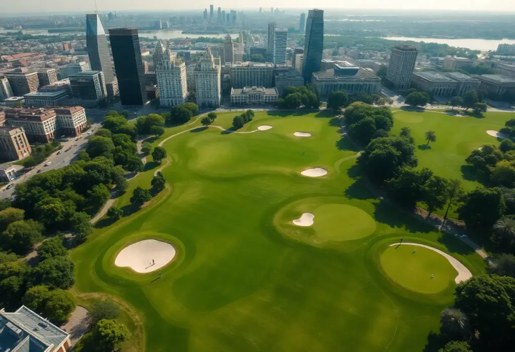 Golfers playing on an urban golf course near city landmarks