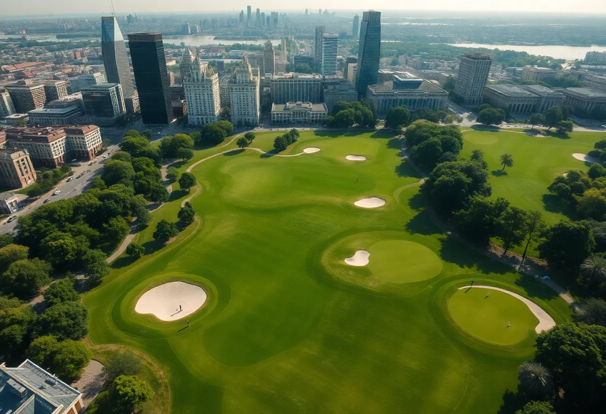 Golfers playing on an urban golf course near city landmarks