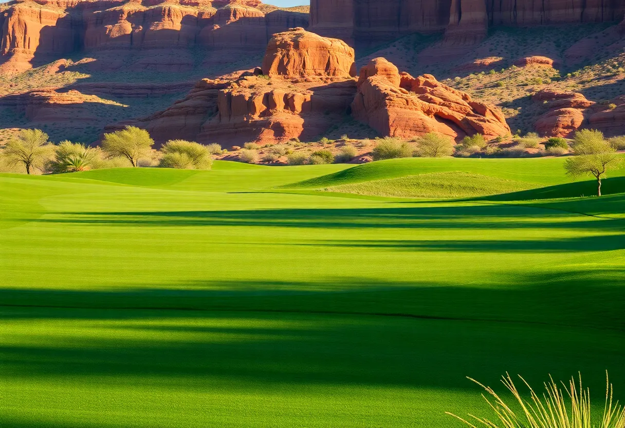 Golf course with sunset over red rock formations