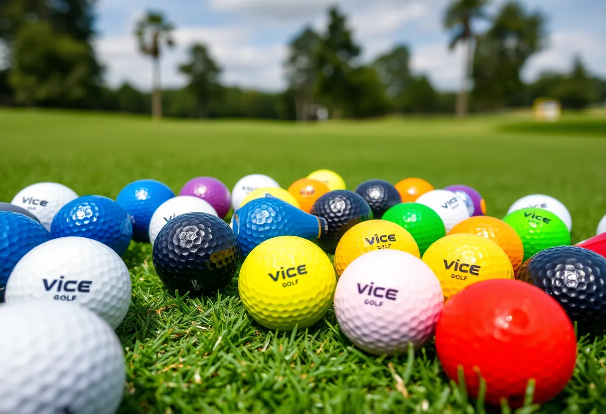 Colorful golf balls from Vice Golf displayed on grass
