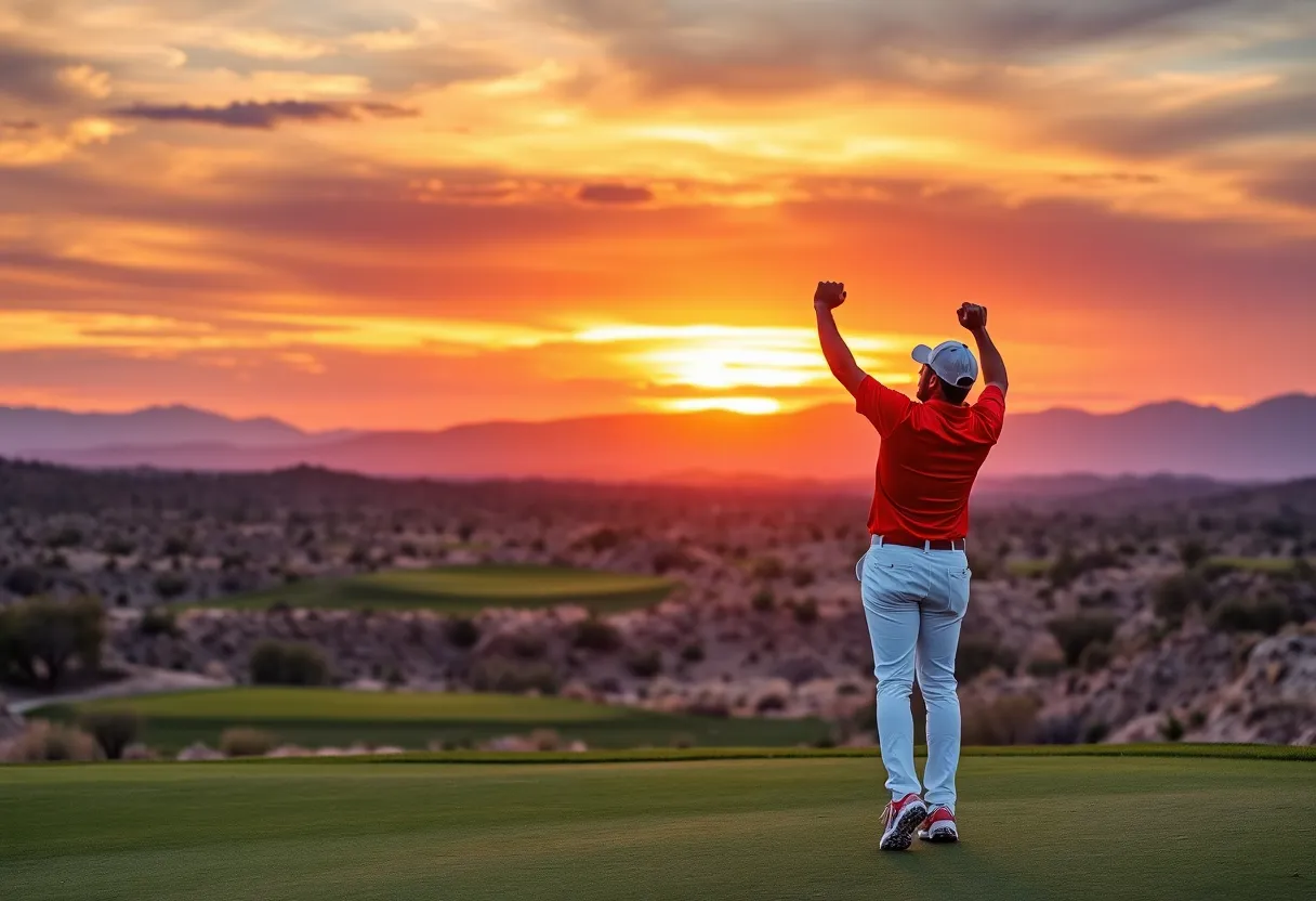 Golf player celebrating a victory at the Hero Dubai Desert Classic.