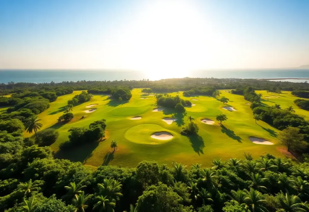 Panoramic view of a coastal golf course in Central Vietnam