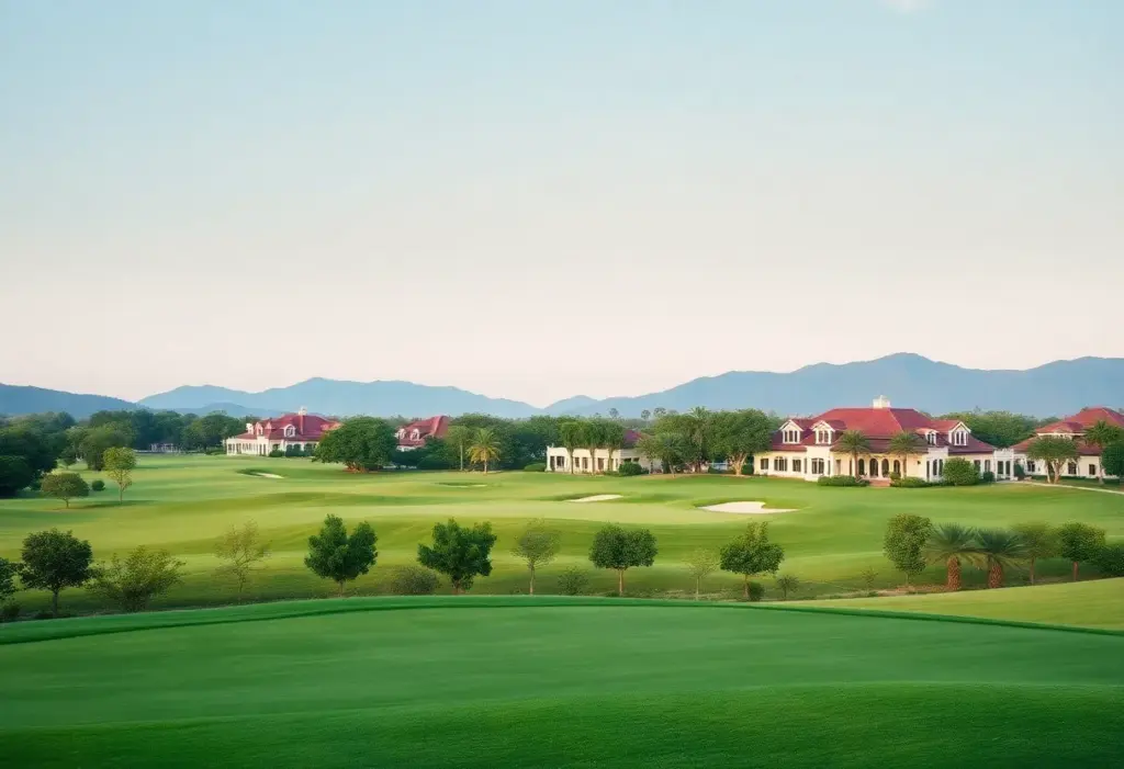 Golf course in Vietnam with luxury resorts and sunset