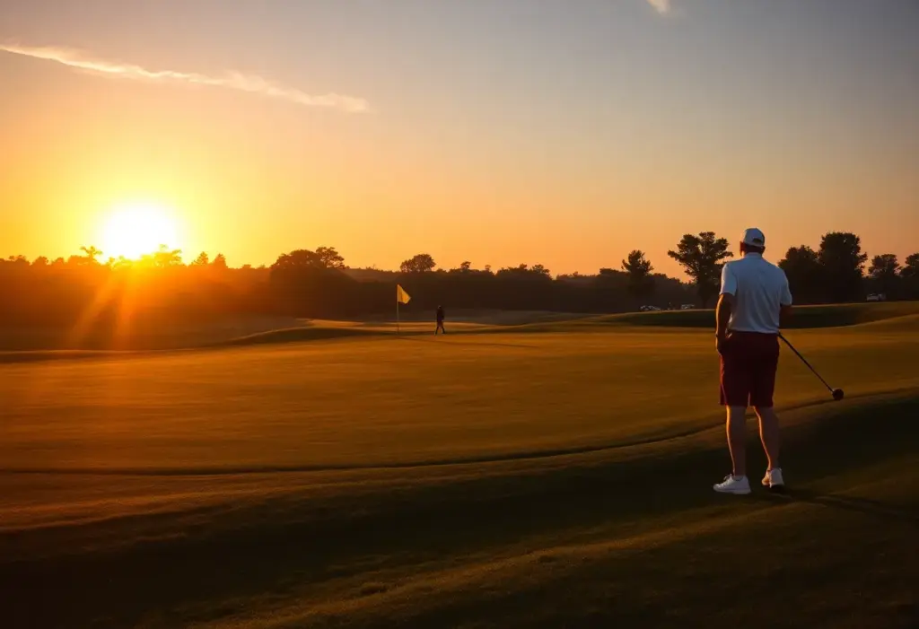 Sunrise view of a golf course representing return and competition