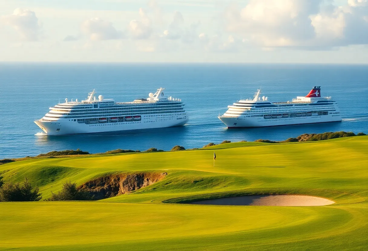 Viking cruise ship near a picturesque golf course
