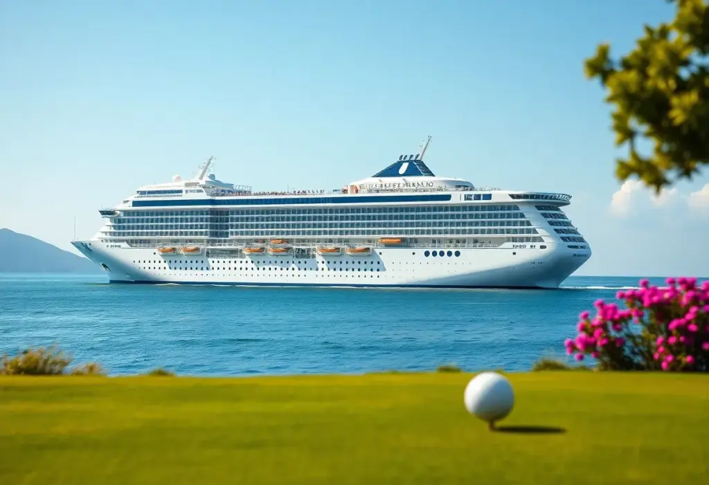 A Viking cruise ship on water with golf equipment nearby, symbolizing the partnership between Viking and PGA TOUR.