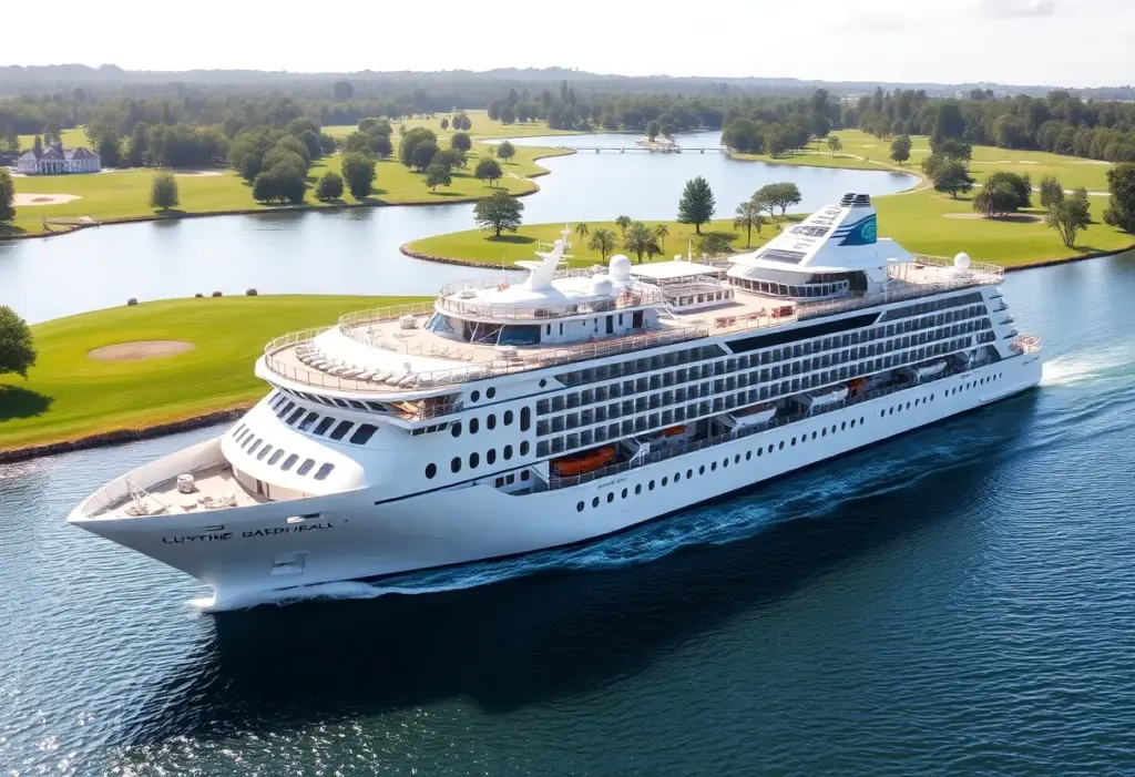 A luxurious cruise ship near a green golf course
