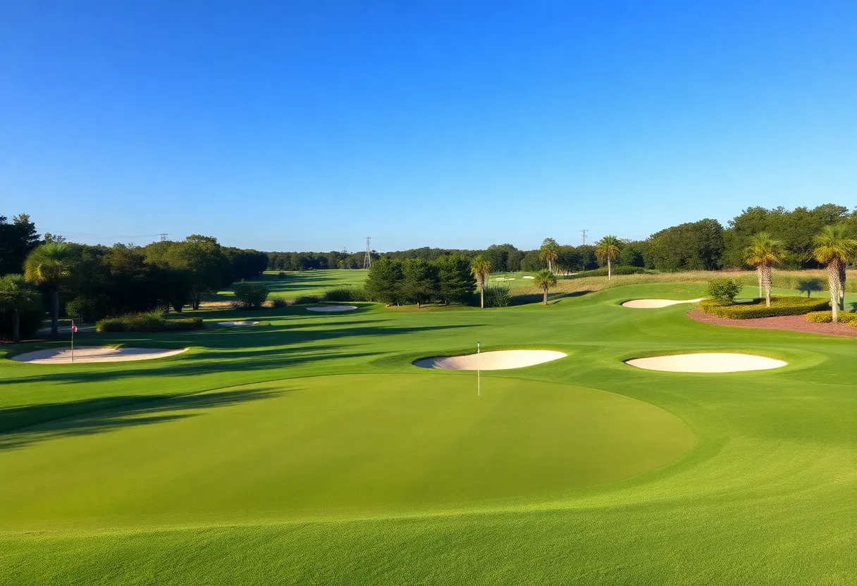 Scenic view of Walt Disney World Golf course with vibrant green fairways and blue sky.