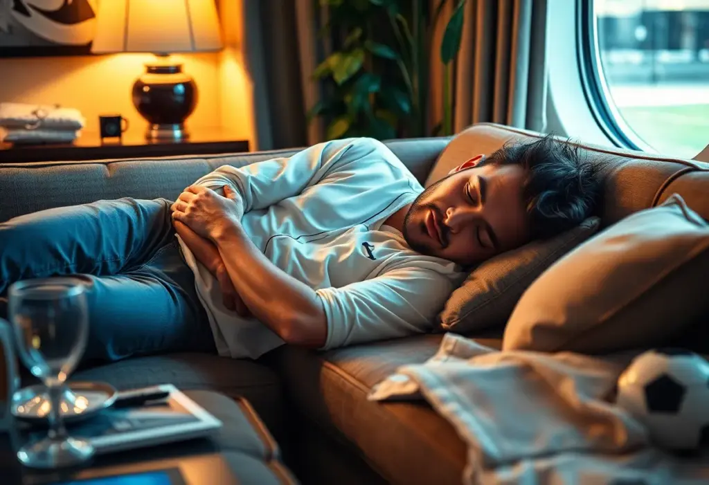 A person napping comfortably on a couch in a stylish room.