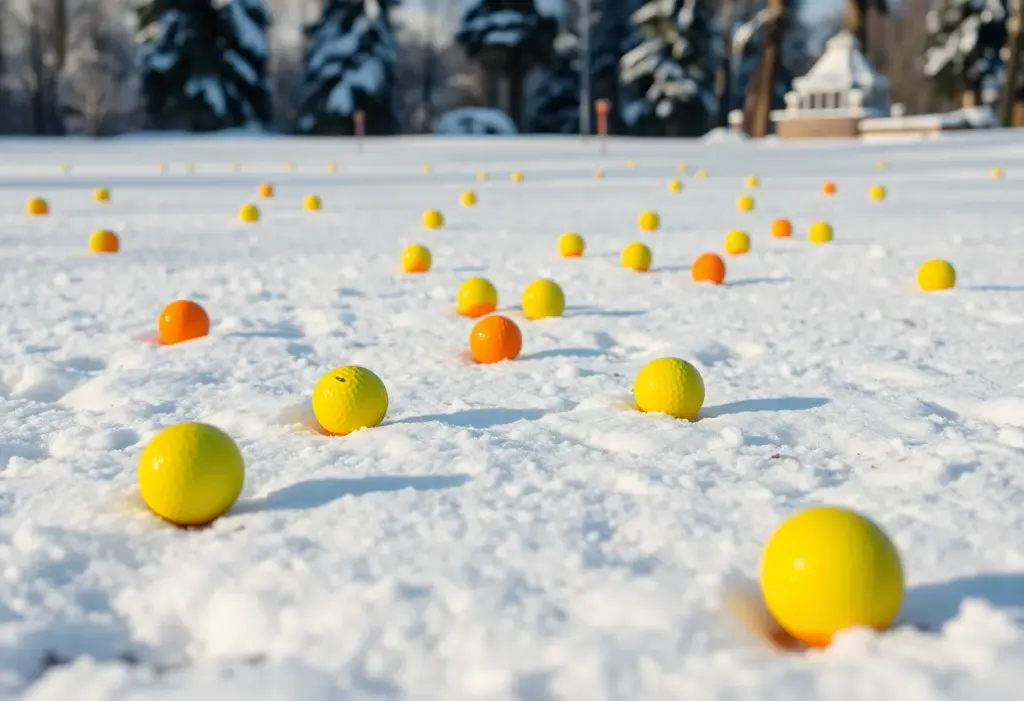 Various colorful golf balls on a snowy golf course