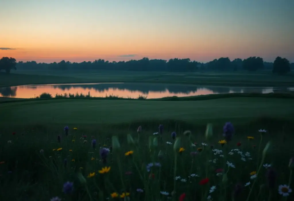 A serene golf course at dusk with wildflowers, evoking a sense of loss.