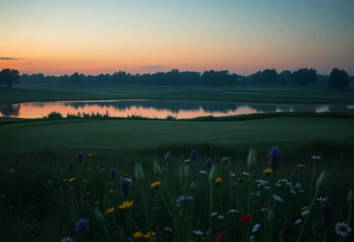 A serene golf course at dusk with wildflowers, evoking a sense of loss.