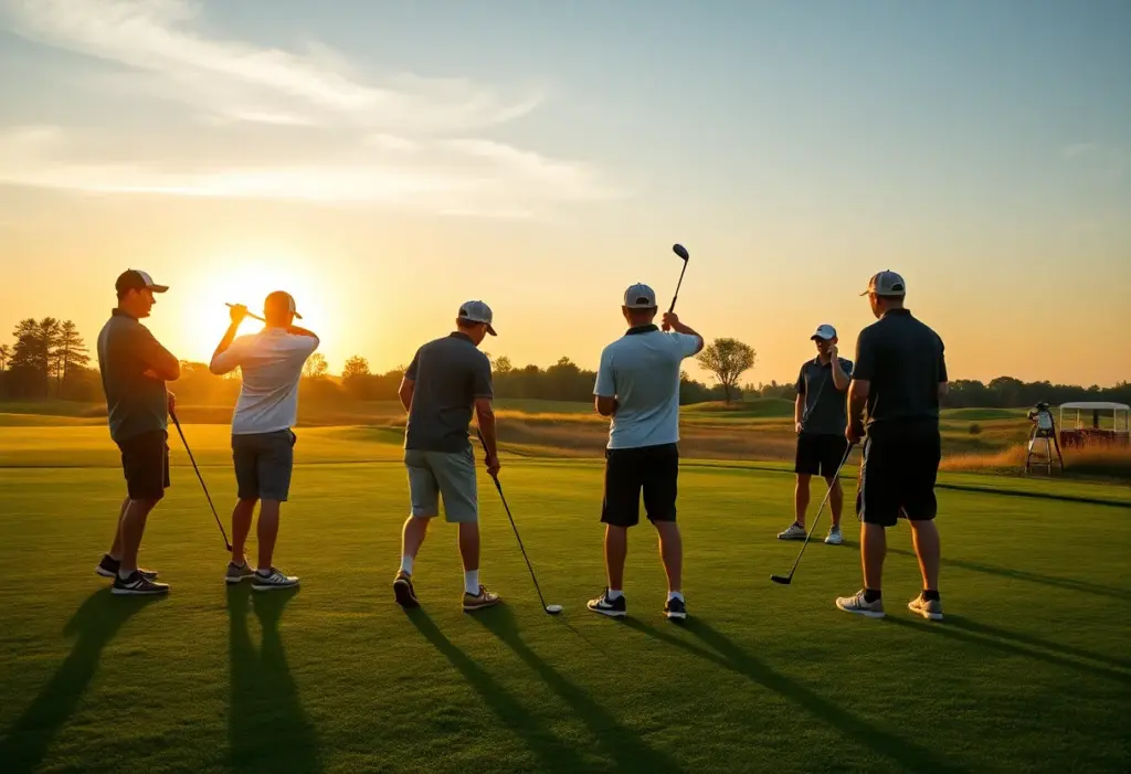 Young golfers practicing on a golf course at sunrise