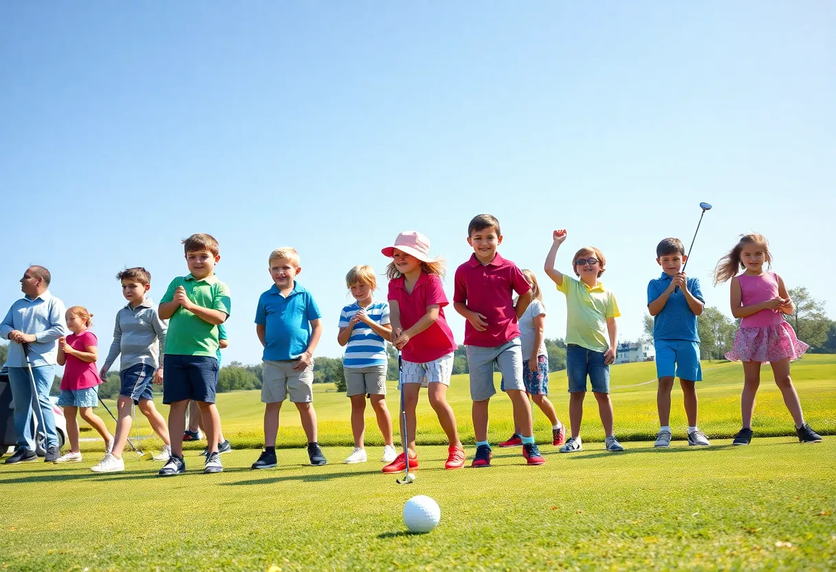 Children playing golf and enjoying the outdoors.