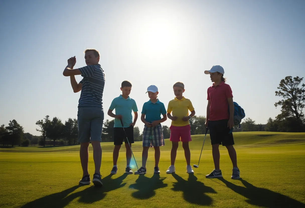 Young golfers practicing on a sunlit golf course