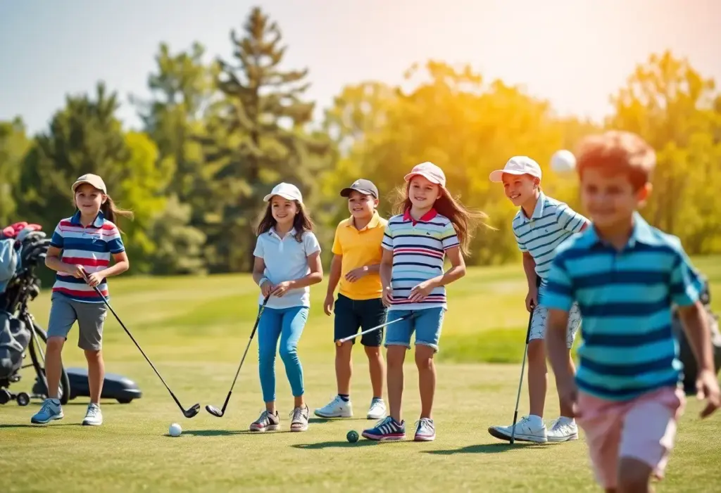 Young golfers playing together on the course, celebrating teamwork and friendship.