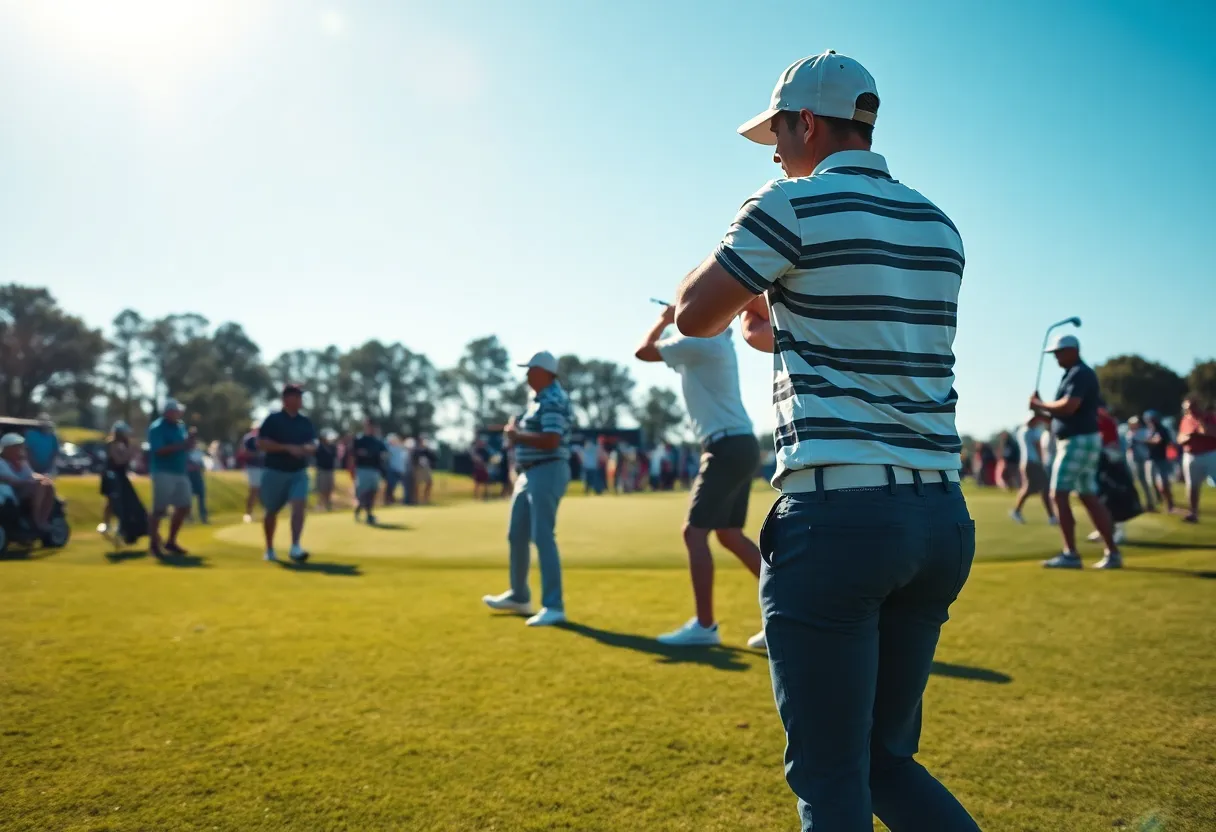 Players competing at a golf tournament with vibrant scenery.