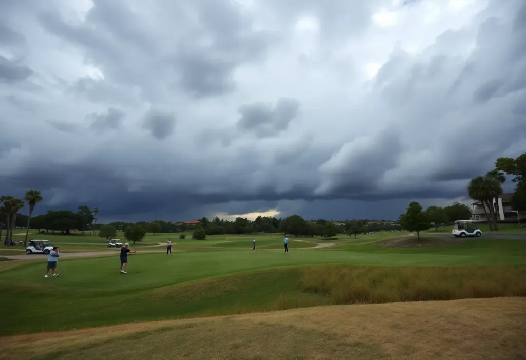 Golf players preparing for the final round of the 2026 AT&T Pebble Beach Pro-Am under dark clouds.