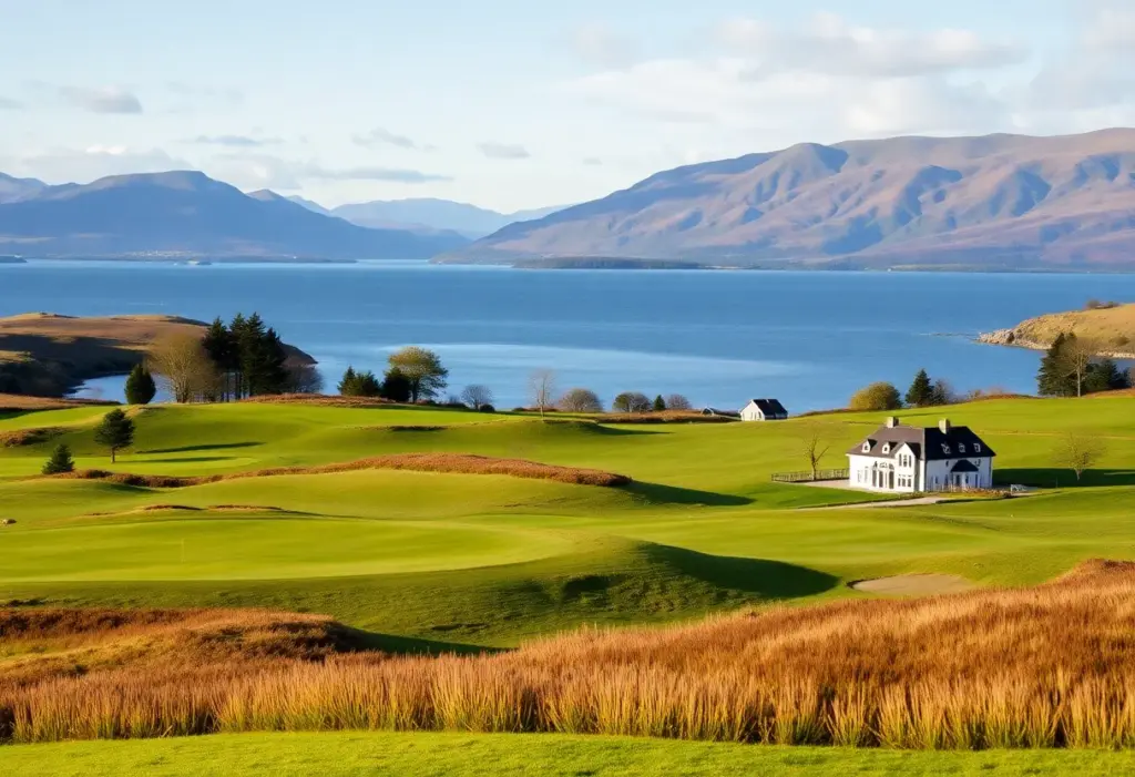 Aigas Golf Course featuring lush greens and Loch Ness in the background