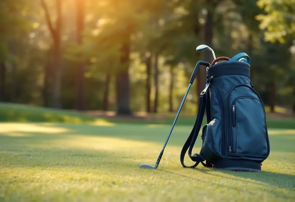 Empty golf bag on a golf course signifying absence