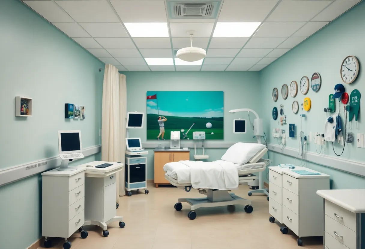 Hospital room with golf memorabilia as a symbol of support