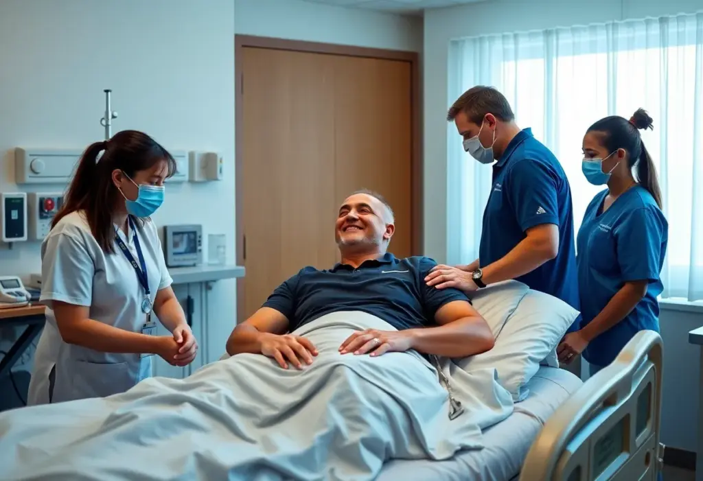 Hospital scene with athlete recovery and golf theme