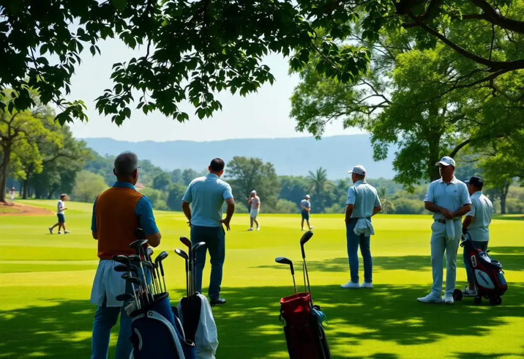 Golfers preparing for a tournament in a scenic Asian golf course
