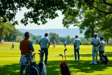Golfers preparing for a tournament in a scenic Asian golf course