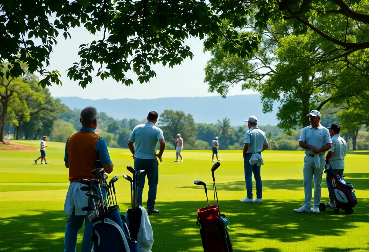 Golfers preparing for a tournament in a scenic Asian golf course