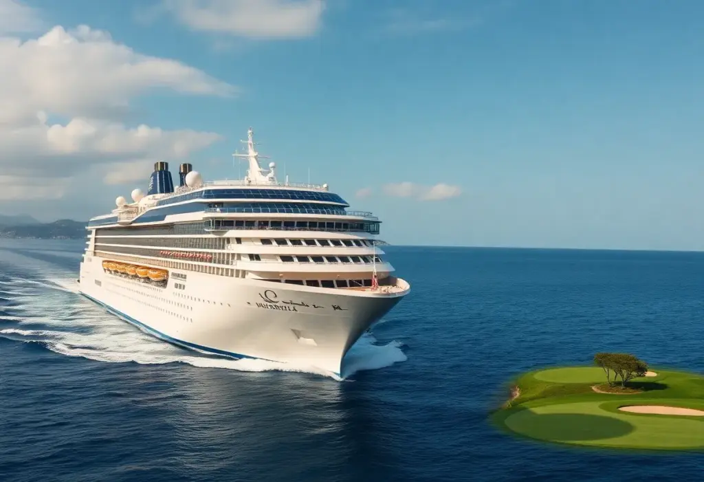 A luxurious golf cruise showcasing picturesque ocean views and beautiful golf courses.