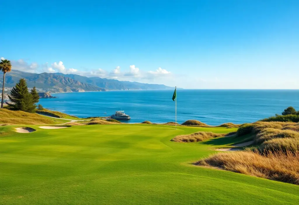 Scenic view of the golf course at the 2026 AT&T Pebble Beach Pro-Am with clear blue skies.