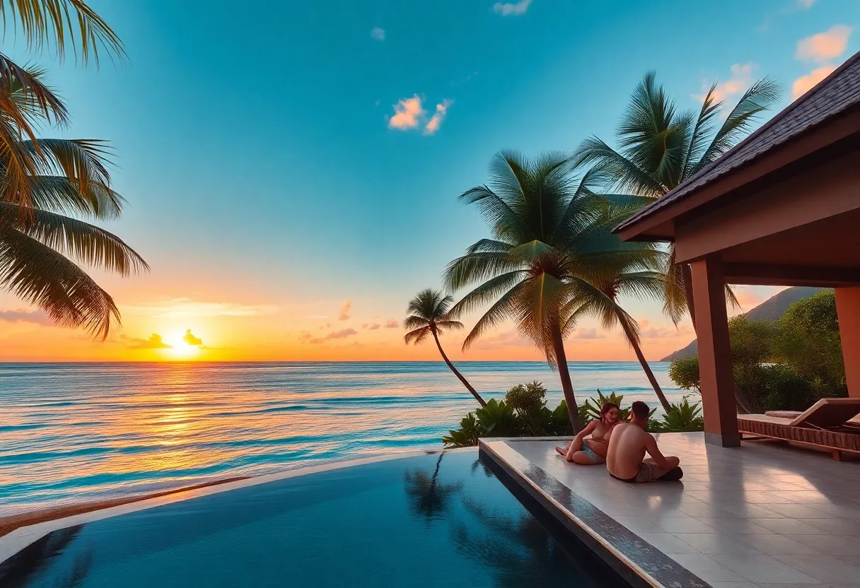 A breathtaking view of a Bali beach at sunset with palm trees