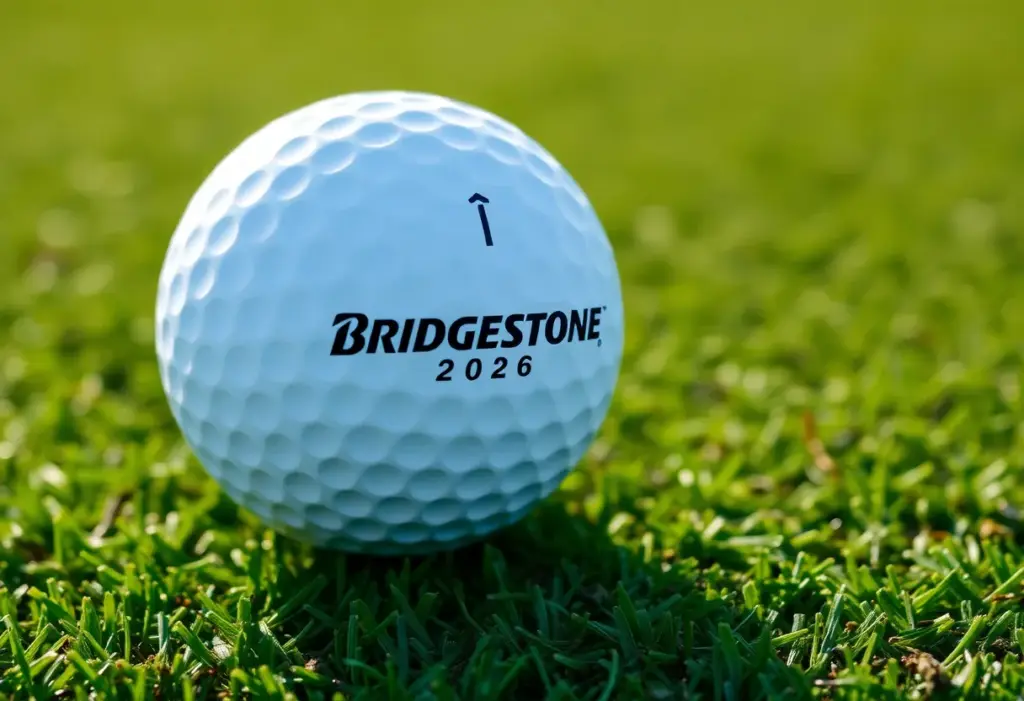 Close-up of Bridgestone 2026 Tour B XS Golf Ball on grass