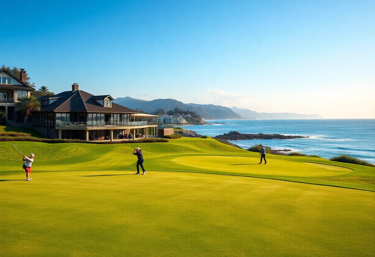 Golfers enjoying the Brittas Bay Club with stunning coastal views.