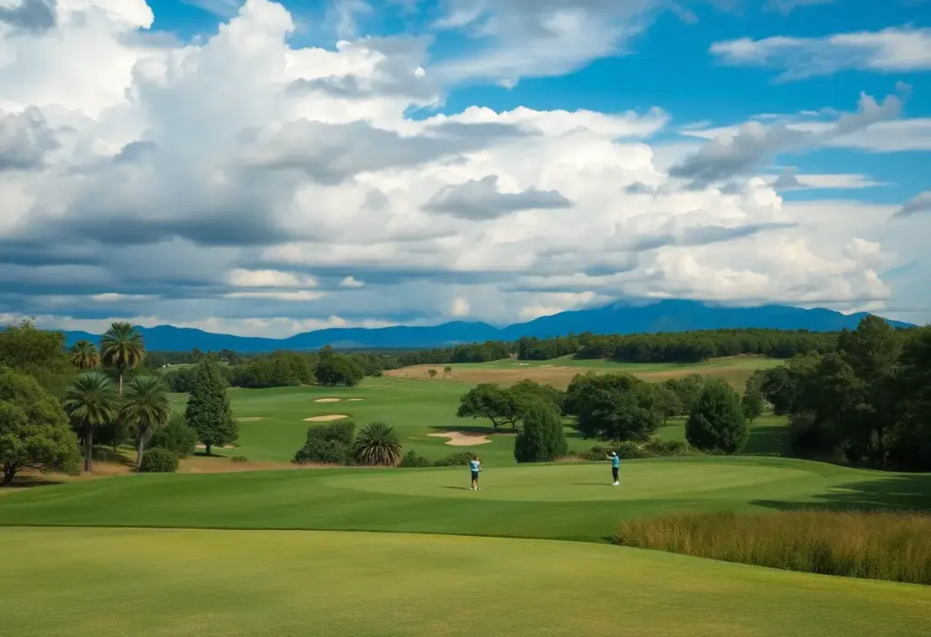 Scenic view of a challenging golf course under dramatic skies