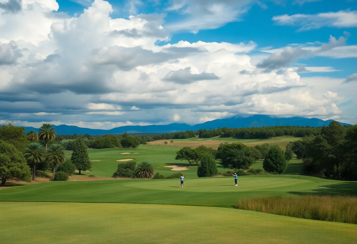 Scenic view of a challenging golf course under dramatic skies