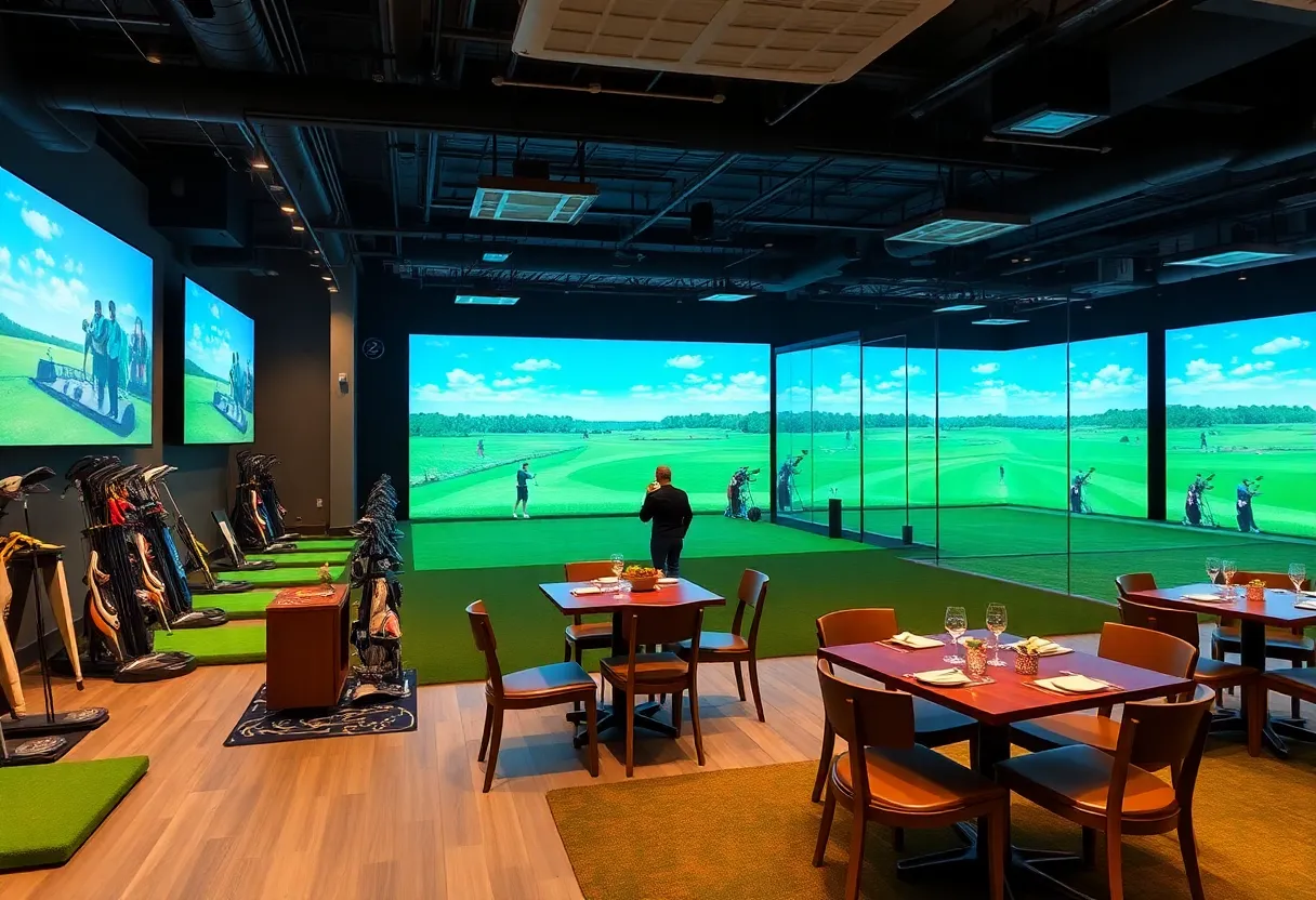Interior of ChampionZone indoor golf venue featuring simulators and dining area.