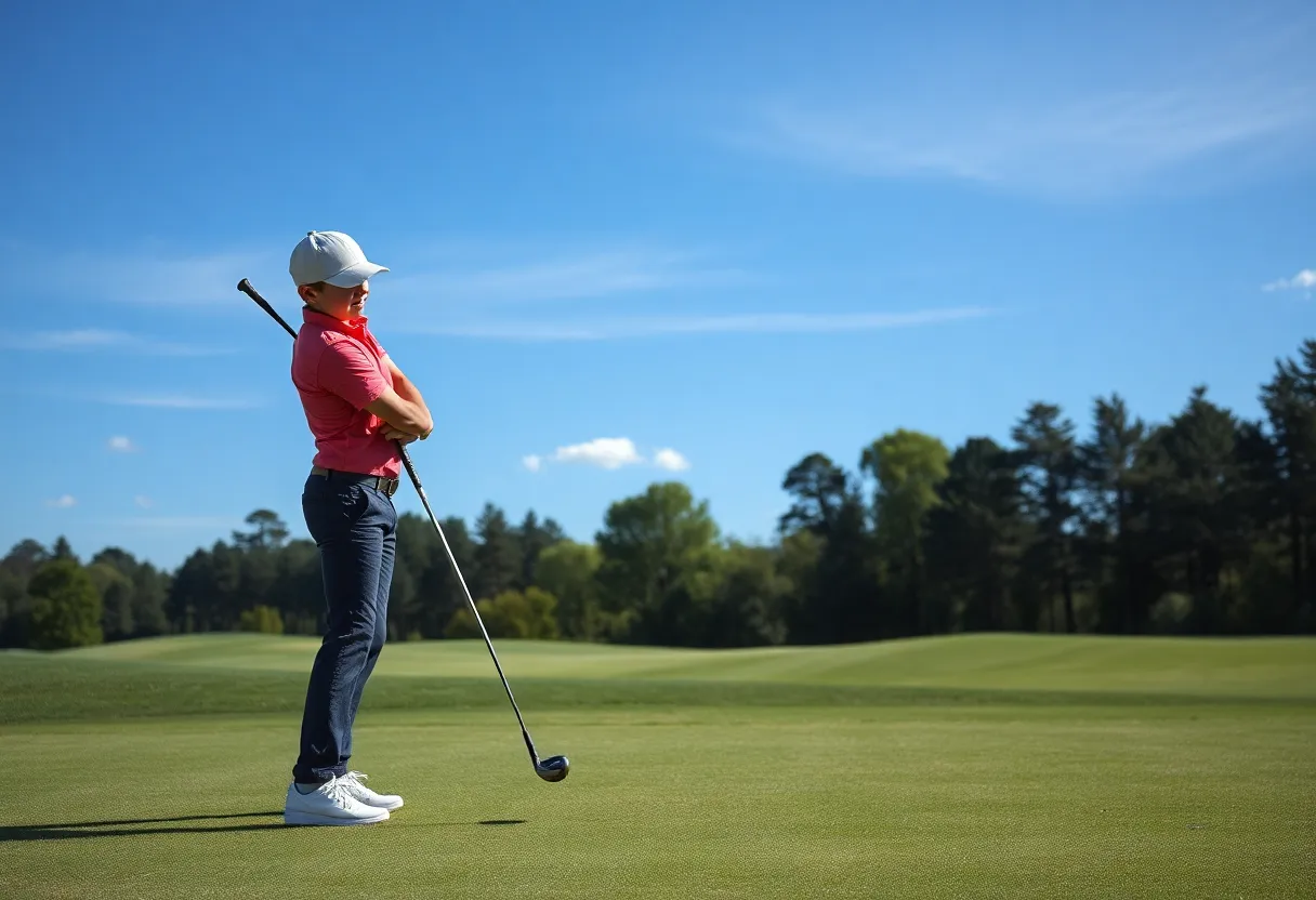 Young golfer practicing on a sunny golf course