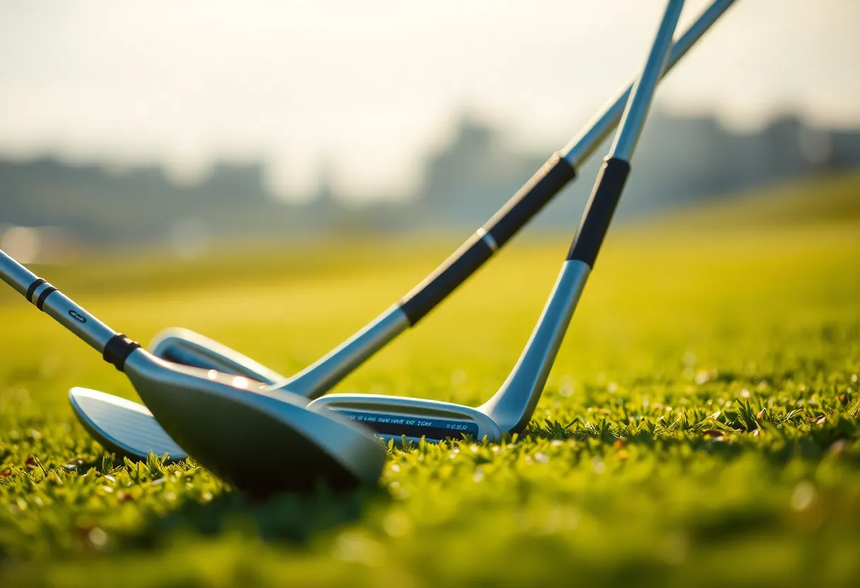 A set of custom golf clubs displayed on a golf course
