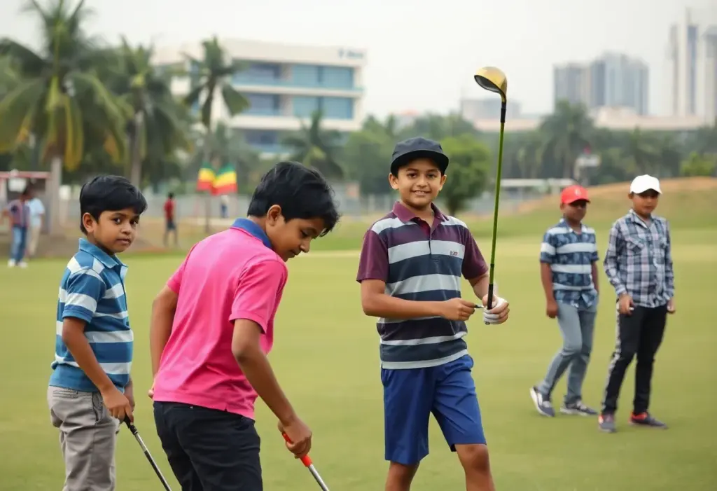 Golfers practicing at a scenic Indian golf course