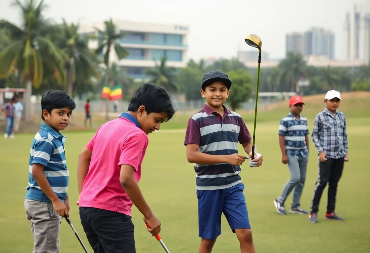 Golfers practicing at a scenic Indian golf course
