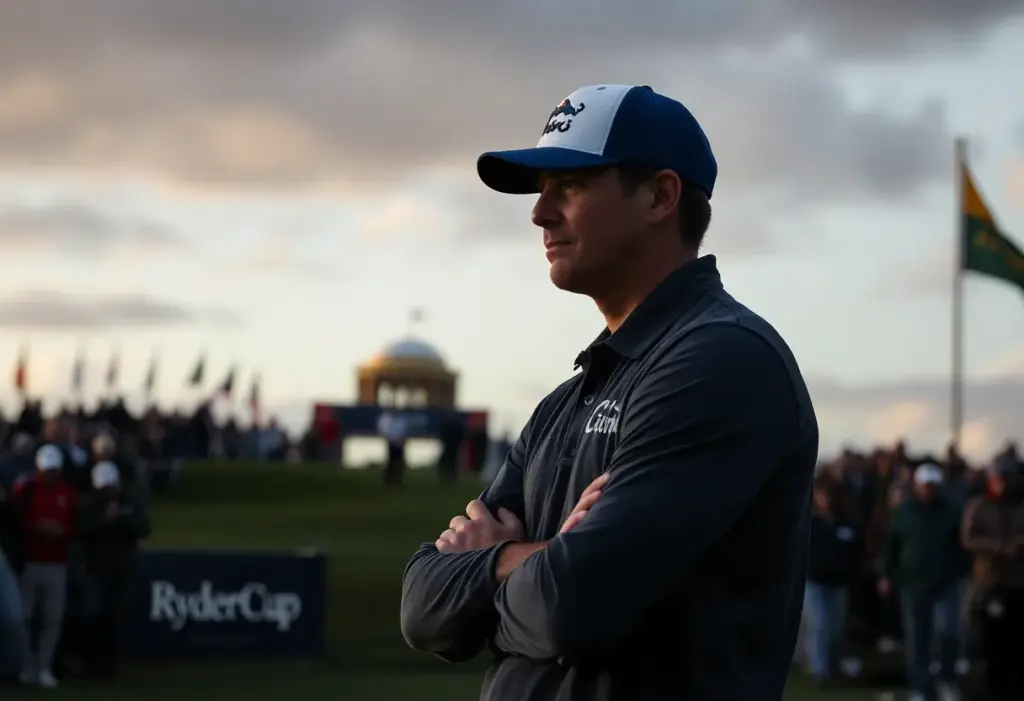 A golfer in thought on a golf course during Ryder Cup preparations.