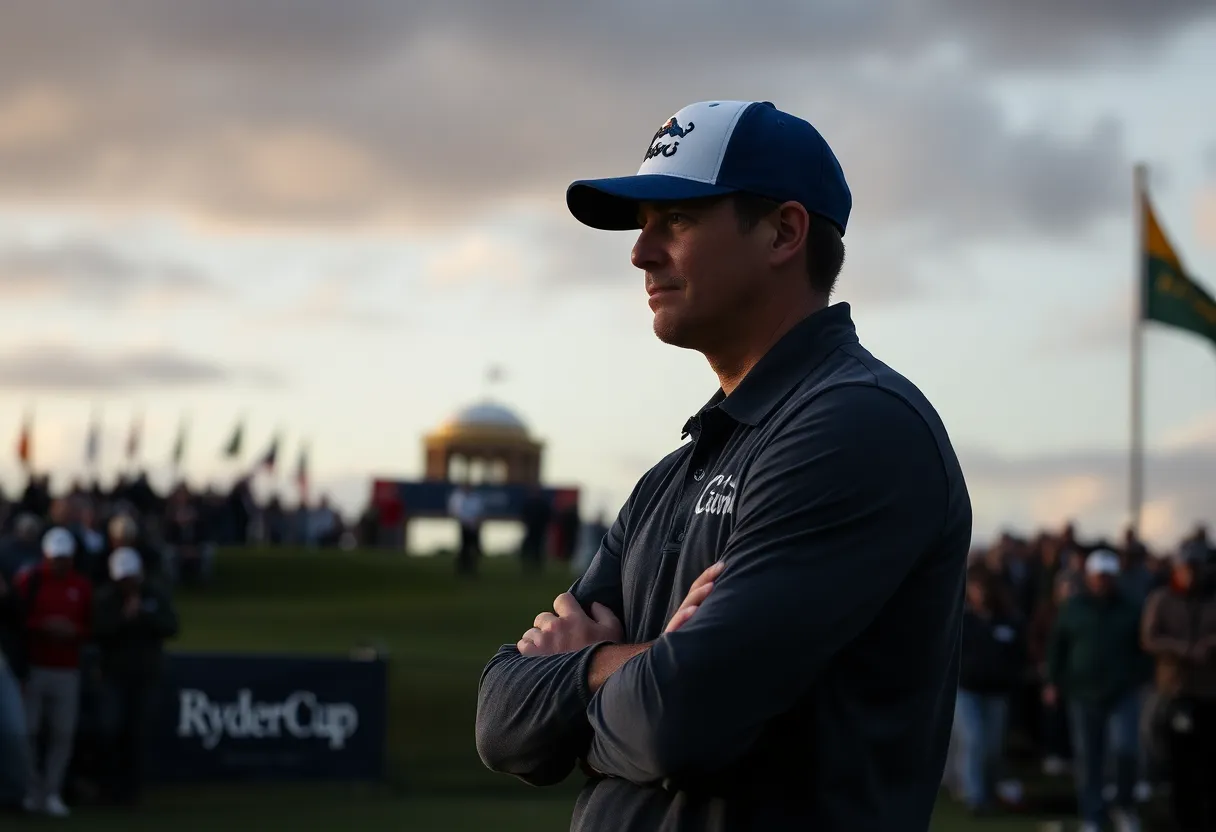 A golfer in thought on a golf course during Ryder Cup preparations.