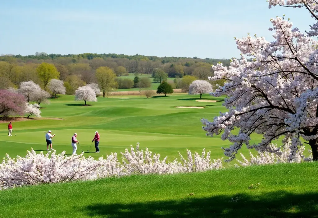 Golfers playing at East Potomac Golf Links surrounded by cherry blossoms