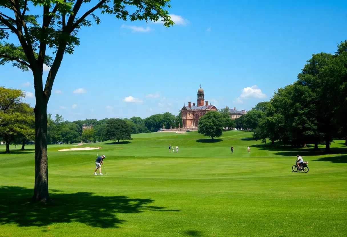 A picturesque view of East Potomac Park Golf Course, featuring lush fairways and a classic golf setting.