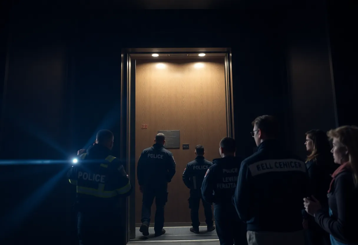 Emergency responders at the scene of an elevator accident