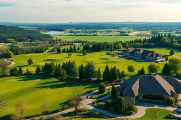 Stunning view of a top European golf resort with greens and accommodations