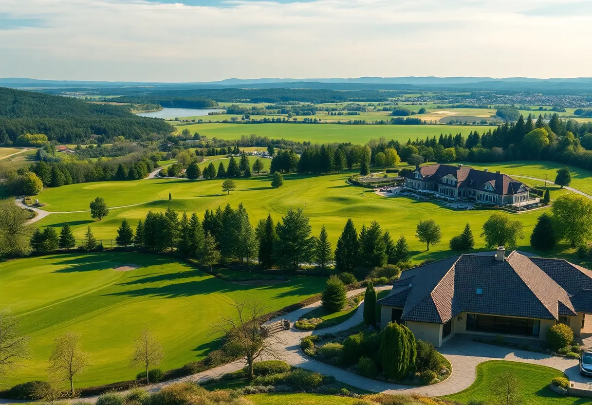 Stunning view of a top European golf resort with greens and accommodations