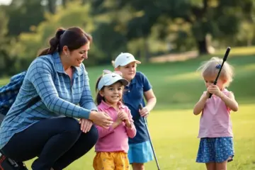 A supportive family engaging in golf activities together