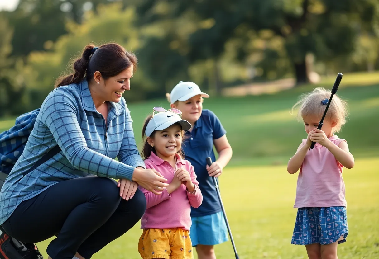 A supportive family engaging in golf activities together